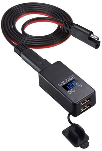MiJunHD SAE to USB Connector, Motorcycle Dual Port USB Charger, 12V-24V Battery Voltmeter, lP86 Waterproof Adapter Compatible for Charging Phone GPS Bluetooth Device (1 Piece)