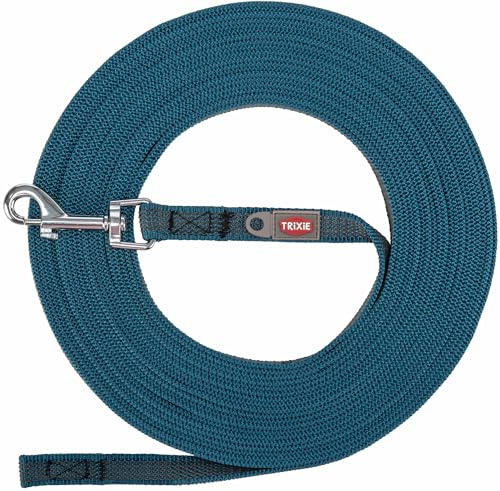 TRIXIE Hunde-Schleppleine S–M, für Training & Auslauf – 15 m/15 mm, Petrol | Lange Leine für sicheren Freilauf – für kleine Hunde, robustes Gurtband mit stabilem Karabiner, angenehme Handhabung