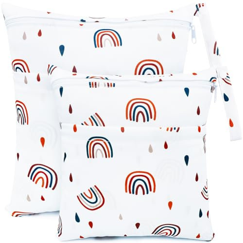 CHEESANHERR Bolsa de Pañales Impermeable,2 Pcs Wetbags de Tela con 2 Cremallera Portátil, Bolsa Muda Bebe, Organizador Reutilizable Lavable Guardería Colegio Viaje Playa Piscina Gym (Arcoiris Blanco)