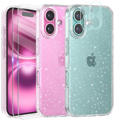 Tikgue Hülle für iPhone 16 Hülle mit 2 Stück Display Schutzfolie und 2 Stück Kamera Folie, 360 Grad Handyhülle Glitzer Transparent Silikon Schutzhülle Slim Weich TPU Case