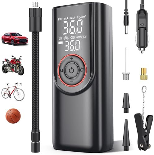 Tyre Inflator Portable Air Compressor,150PSI Cordless Tyre Inflator 5 Mode 7500mAh Rechargeable Power Bank Auto Shut-Off Digital Display Electric Air Pump w LED Light for Car, Motorcycle, Bike, Ball