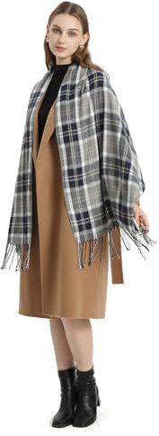 Miss Lulu Damen-Schal, lang, weich, warm, Schottenkaro, Wolle, gedrehte Fransen, Stola, dunkelblau, L