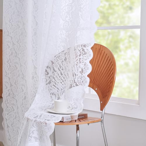 Aligogo, 2x kurze weiße Spitzenvorhänge, 137 cm L, für kleine Fenster, transparent, Vintage, florale Stickerei für Kinderzimmer, Schlafzimmer, lichtdurchlässig, Stangendurchzug, 132 x 137 cm, weiß