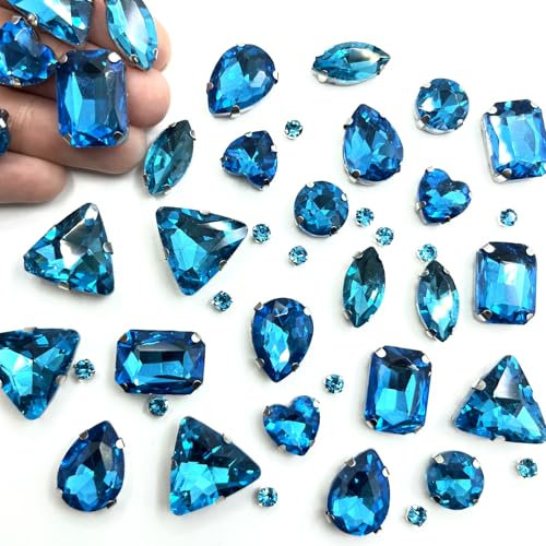 Yixinly 236 Stück Strasssteine zum Aufnähen, 7 Formen von Strasssteinen Metall Krappenfassung Glas Nähen Edelsteinefür DIY-Bastelkleidung, Basteln, Schuhe, Nähen, Taschen (Seeblau)