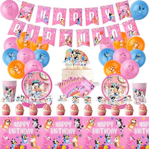 Blu-ey Geburtstagsdeko, 95 Stück Geburtstagsparty Deko Partygeschirr Set, Kindergeburtstag Dekoration Luftballon Banner Tischdecke Teller für Kinder Mädchen Theme Geburtstagsdeko Supplies