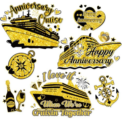 Dazoratix Anniversary Cruise Door Decorations - 7 Pcs Gold Ship Magnets | Cabin Anchor Stateroom Stickers Magnetic Decals Accessories for Wedding Party Carnival Fridge Refrigerator Car Garage Decor
