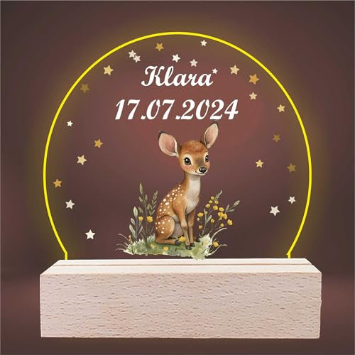 INDIGOS UG - LED Lampe personalisiert - Rehkitz - personalisierte Lampe für KInder - personalisierte Geschenke - Nachtlampe - Geschenk für Baby und Kinder mit Wunschtext