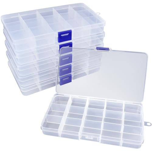 Kolamom 6 Stück Aufbewahrungsbox Sortierbox 15 Raster Einstellbar, Plastik Fächer Sortierboxen für Kleinteile, Idealer Sortierkasten zum Schmuck Ohrring Spielzeug
