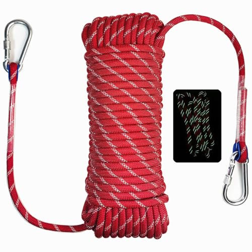 Tread star Corde d'escalade statique de 10 à 50 m, corde d'escalade, de sécurité, en nylon, haute résistance, avec mousqueton, pour camping, randonnée, extérieur (rouge, 10 à 50 m)