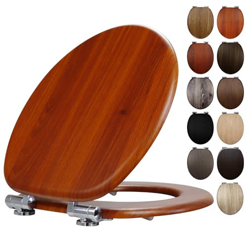 Fanmitrk Wooden Toilet Seat Mahogany with Soft Close Adjustable Solid Hinges, MDF Wood Oval Toilet Seat (7408)