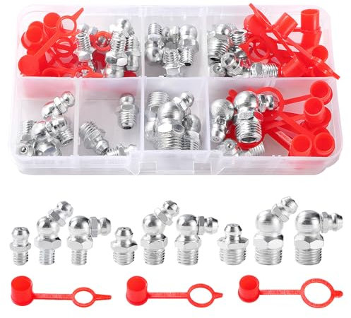 YIXISI 54 Piezas M6/M8/M10 Surtido de Engrasadores, Recto 90° 45° Juego de Engrasador, Grasa Hidráulica Zerk, con Tapa de Ajuste de Grasa de Plástico, para Equipos Mecánicos