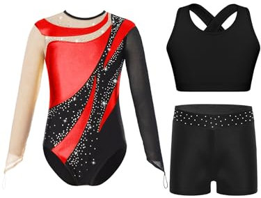 Fldy Mädchen Gymnastikanzug Langarm Mit Kurze Hose Kinder Glitzer Turnanzug Mit Shorts Sport BH Set Turnen Tanzkleidung Rot 170