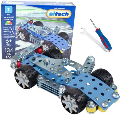 Eitech Metallbaukasten 00257 - Racer Blue, Modellauto mit 135 Bauteilen für Kinder ab 6 Jahren, Konstruktionsspielzeug für Mädchen und Jungen 6 7 8 Jahre, Lernspielzeug, Rennauto Modellbausatz