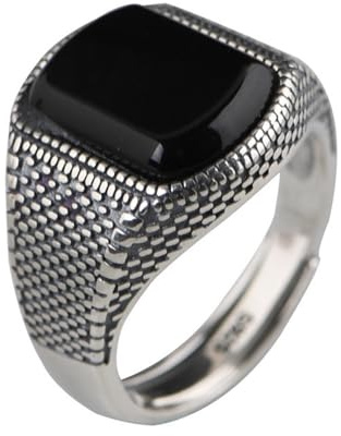 Vintage 925 Sterling Silber Ring mit Schwarzem Onyx für Herren Damen Offen Verstellbar