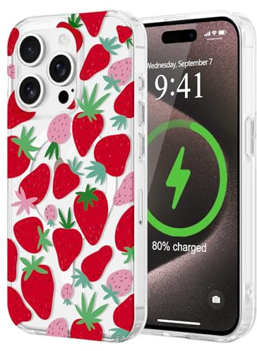 LCHULLE Cover Magnetica per iPhone 15 Pro Max Compatibile con MagSafe Custodia Trasparente Rosa Fiocco per Ragazze Donne Cover protettiva Magnetica Silicone Case per iPhone 15 Pro Max Fragola rossa