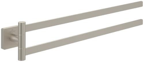 Villeroy & Boch Elements - Striking Handtuchhalter zweiarmig, Handtuchhalter Bad für Wandmontage, Handtuchstange aus Messing, Badetuchhalter eckig, Länge 410 mm, Brushed Nickel Matt