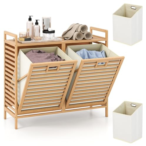 GIANTEX Wäschekorb 75L, Wäschesammler 2 Fächer, Wäschesortierer mit 2 abnehmbaren Wäschesäcken, Wäscheschrank asu Bambus, für Wäscheraum & Badezimmer (80 x 30 x 72 cm)