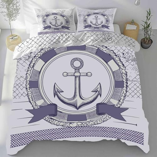 Kntnshac Maritimes Anker Motiv Bettwäsche 135x200, Meeresblau Microfaser Bettwäsche-Set, Wendebettwäsche mit Reißverschluss，Enthält 1 Bettbezug und 2 Kissenbezug 80x80 cm