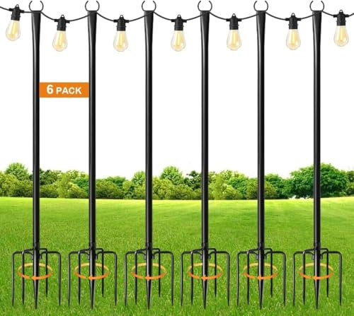 6 Pack 9.8FT Heavy Duty Metal Outdoor Light Poles with Ground Stake & Fork Hooks - for Hanging String Lights on Patio, Pergola, Garden, Backyard, Yard, Camping