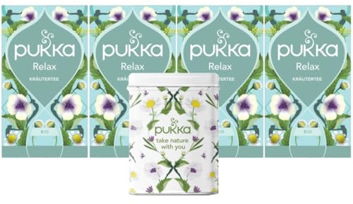 Pukka Tee, Bio-Kräutertee Relax, 4er Pack, 80 Teebeutel inkl. Pukka Dose