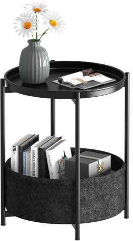 Garden 4 you Side Table, Round End Table with Fabric Basket, 2-Tier Sofa Side Tables, Bedside Tables, Nightstand for Living Room, Bedroom, Office, Modern Style, Black