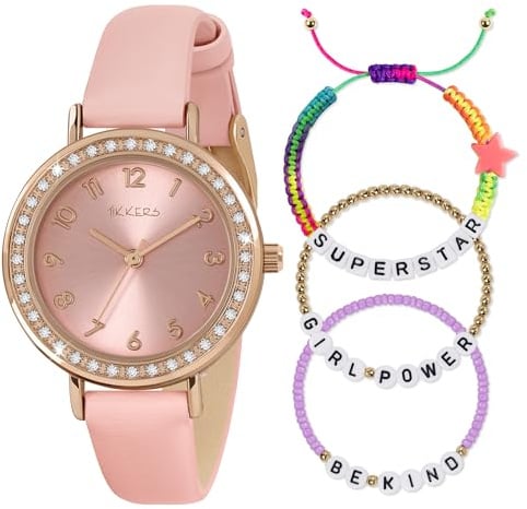 Tikkers Pink Strap Rose Gold Stone Set Watch & Beaded Friendship Bracelet Set ATK1092-SET