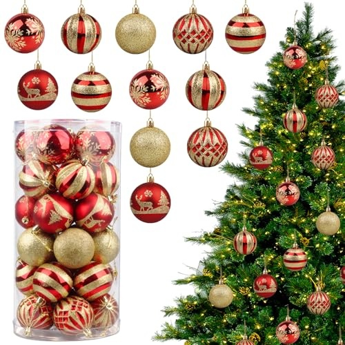 30 Stück Weihnachtskugeln, 6cm Glitzer Weihnachtskugeln Rot und Goldene, Tannenbaum Kugeln Kunststoff Kugeln Bruchsicher, Christmas Baubles für Weihnachtsbaum, Weihnachten Party Dekoration