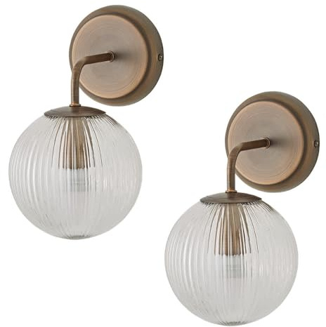 ValueLights | Kempton Pair of Brushed Brass Ribbed Glass Globe Shade Wall Lights | Wall Lights, Home Décor & Improvement Essential | Mains Wired