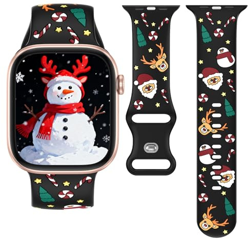 Kamita Weihnachten Armband Kompatibel mit Apple Watch Armbänder 42mm 41mm 40mm, Weich Silikon Einstellbar Weihnachtsarmbänder, Cartoon Weihnachtsarmband für iWatch Serie 11 10 9 8 7 6 5 SE (Schwarz)