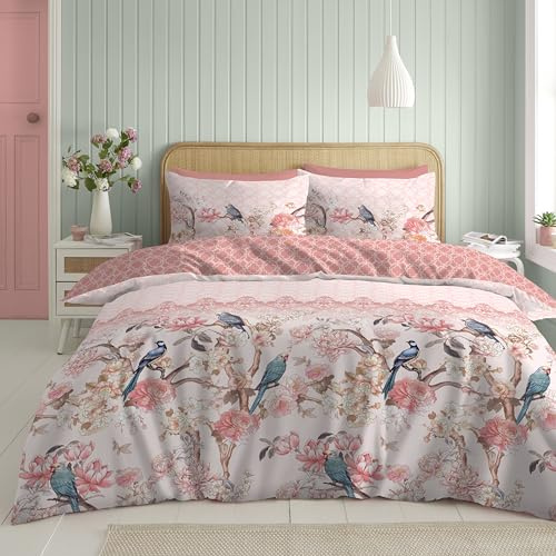 GC GAVENO CAVAILIA Reversible Geometric Duvet Cover Sets | 3Piece Kingsize Duvet Cover Sets With Pillow Cases | Lightweight Polycotton Parrot Birds Quilt Covers Pink Floral Bedding Set