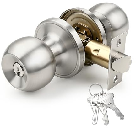 Brotima Satin Nickel Round Entrance Door Knobs with Keys,Adjustable Latch (60mm/70mm),Entry Door Knob for Living Rooms & Bedrooms