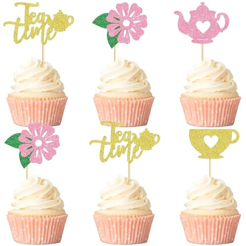 12 PCS Tea Party Cupcake Toppers, Teapot and Floral Theme Cake Decor for Afternoon Tea, Baby Showers, or Garden Themed Parties