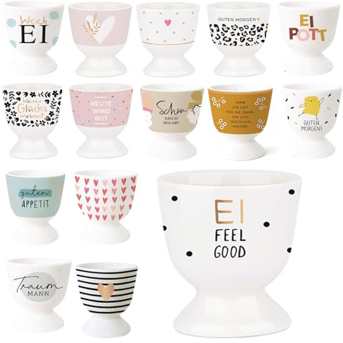 LS-LebenStil Gute Laune Eierbecher Slogan Ei Feel Good - Exklusiv Echt-Gold, edle Eibecher, Eierhalter Eihalter, Deko am Frühstückstisch, Geschenk zur Hochzeit, Verlobung