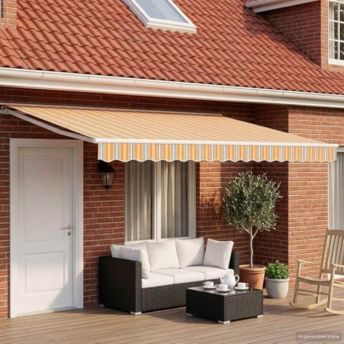 Tenda da sole manuale con LED, 4 x 3,5 m, blu, arancione, bianco | Telaio in alluminio verniciato a polvere, tessuto in poliestere, design a mezza cassetta, bracci estensibili, telecomando