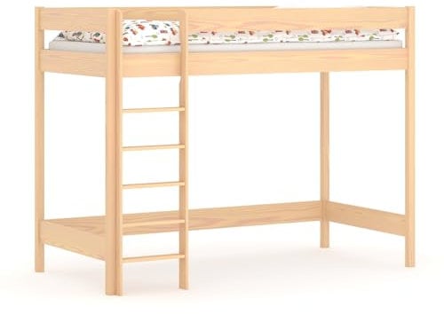 WNM Group Hochbett mit Leiter HUBI - Kinderbett mit Rausfallschutz und Lattenrost - Absturzsicherung Hochbett - Jugendbett aus Massivholz & Holz-Platte - Kinderhochbetten - 180x90x160 - Gekalkte Eiche