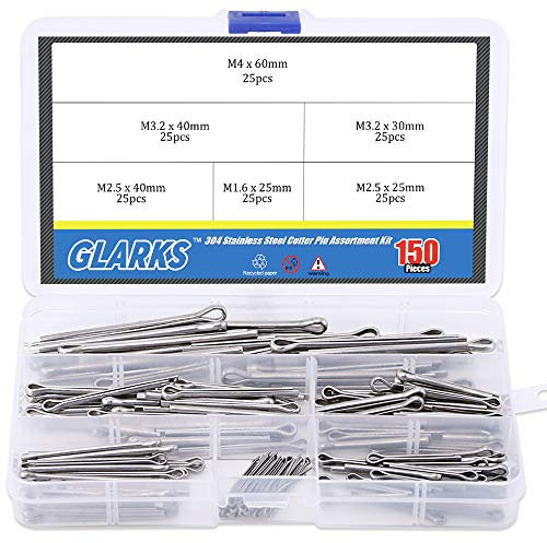 Glarks 150 pcs en acier inoxydable 304 Cotter Pin Clip principales ultraconfortables Fixation Assortiment kit