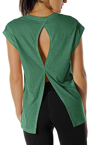 icyzone Damen Fitness-Trainings Kurzarm Shirt Yoga Top Loose Fit Rückenfrei Sport T-Shirt (L, Army)