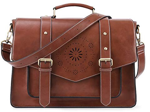 ECOSUSI Aktentasche Damen Laptoptasche 15,6 Zoll Schultertaschen Leder Umhängetasche Vintage groß business taschen Handtasche Arbeitstasche lehrertasche Braun