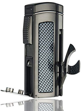 PROMISE Windproof Cigar Lighters Metal Torch Butane Lighter 4 Jet Red Flame Refillable Cigar Lighter with Two Punch and Cigar Scissors (Gunmetal-E)