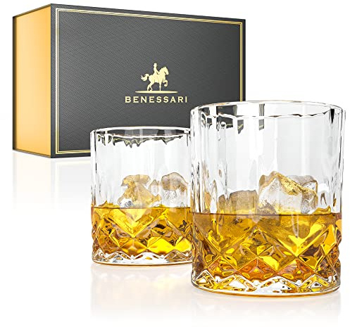 BENESSARI Whiskey Glasses Gift Set - Premium Old Fashioned Whisky Tumbler Gifts for Men or Woman Birthday; Rocks Whiskey Gift Box Set of 2 | Lead-Free Crystal Glasses for Bourbon, Scotch, Cocktail Set