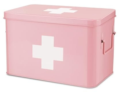 Flexzion Medizinbox, Hausapotheke Box, Apothekenbox - 31x21x19cm Medikamenten Aufbewahrung Box aus Metall für Notfall, Erste Hilfe Schrank, mit Seitengriffen, abnehmbarem Tablett & 5 Fächern, rosa