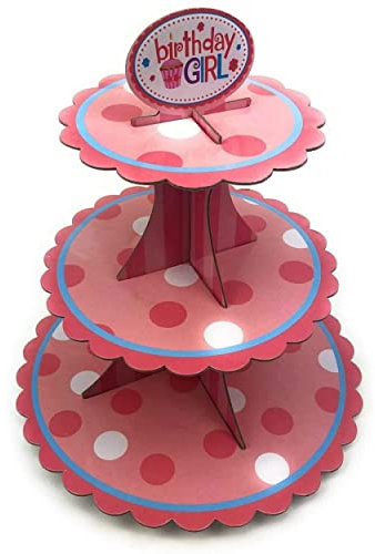 AEX 3 Tier Cake Stand Cardboard | Cake Stand For Afternoon Tea Stands | Round Food Stand Fruit Dessert Display Cupcake Holder [Pink Big Polka Dot]