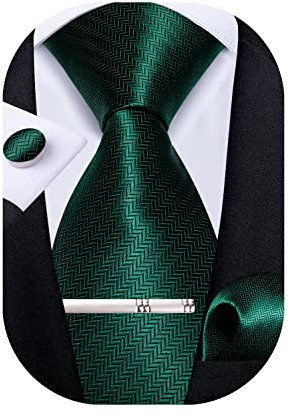 DiBanGu Men's Plain Dark Green Tie Pocket Square Woven Necktie Silk Handkerchief Cufflink Clip Set Formal (Solid Emerald Green)