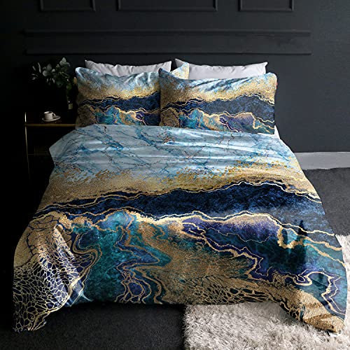 BlessLiving Navy Blue and Gold Foil Silky Duvet Cover Set Watercolor Marble Satin Bedding Sets Soft Modern Comforter Cover King Size 3 pcs (1 Duvet Cover + 2 Pillowcases)