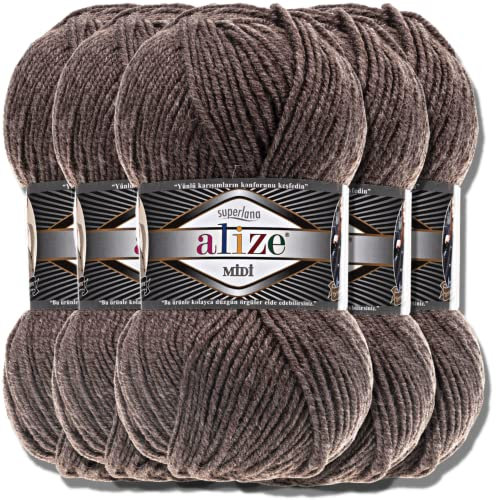 Alize 5 x 100g Superlana Midi Türkische Premium Wolle Baumwolle und Acryl Uni Handstrickgarne | Yarn | Garn | Strickgarn Einfarbig Baby zum Häkeln Stricken Kleidung Schals (Milky Brown Melange |240)