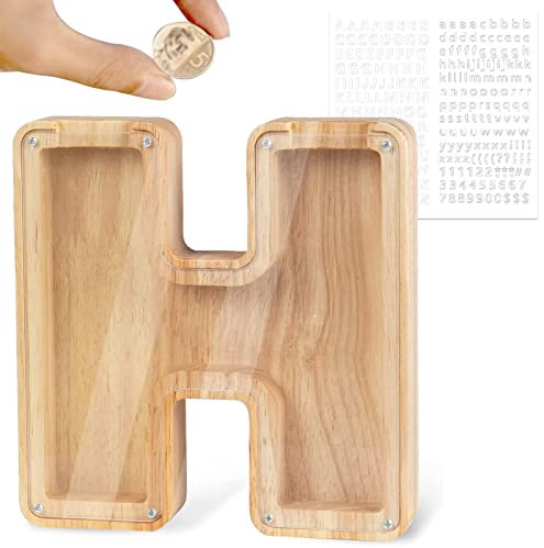 LEcylankEr Spardose Kinder Personalisierte A-Z Alphabet Sparbüchse Holz Spardose Dekoration Kreative groß Sparschwein als Geschenke für Geburtstag, Weihnachten und Thanksgiving (H)