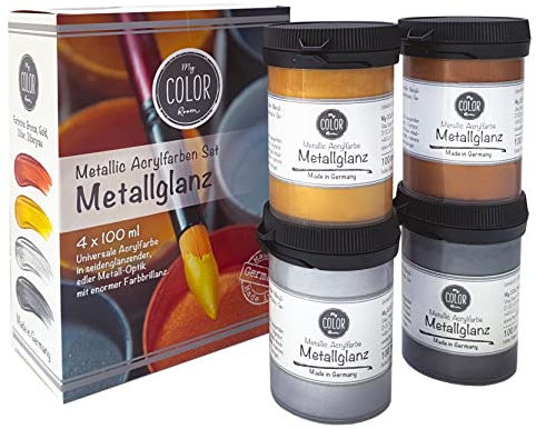 MyColorRoom Metallglanz Acrylfarben Set 4x100 ml – Bronze, Gold, Silber, Silbergrau – Hochpigmentierte Metallic Farbe für Holz, Glas, Keramik & Leinwand – DIY Bastelfarbe mit edlem Metallic Effekt