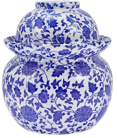 YARNOW Gurkentopf Aufbewahrung Gärtopf Keramik Mit Deckel Gärtopf Blauem Weißem Porzellan Traditioneller Einmachtopf Für Sauerkraut Kimchi Tanged Lotus Einmachglas Rumtopf
