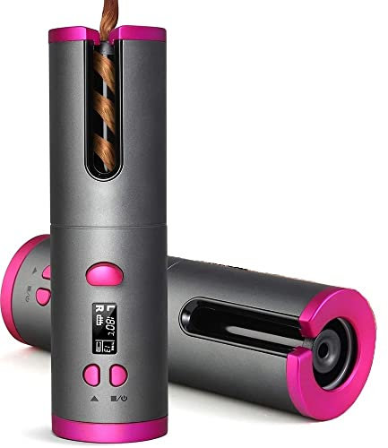EMEBAY Rizador automático inalámbrico, rizador de pelo recargable USB, rizador antigrietas con temporizador, rizador automático giratorio portátil 6 temperatura pelo largo y corto