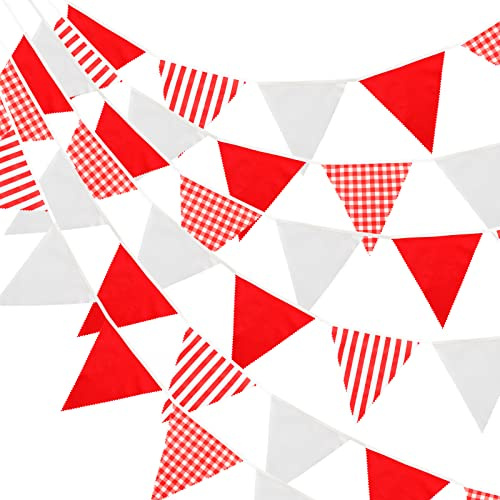 G2PLUS 12M Red and White Stripe Fabric Bunting - 42PCS Cloth Gingham Bunting - Cotton Stripe Banner Pennant - Large Triangle Garland Banner for Kid's Bedroom Playhouse, Christmas Garden Party Decor